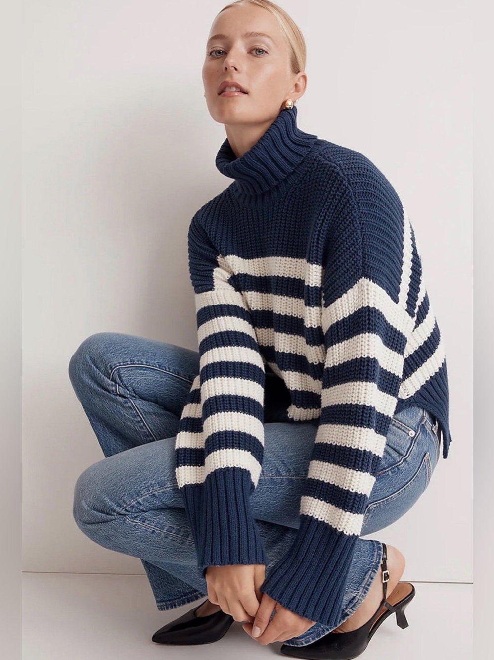 Madewell Navy Ivory Striped Chunky Turtleneck Sweater Size M